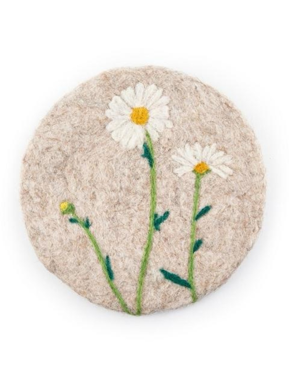 THIRSTYSTONE 8” TAN FELTED WOOL TRIVET WITH WHITE FLOWERS NEW